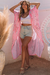 Kimono largo extragrande con efecto tie-dye bohemio rosa