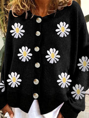 Plus Size Casual Cardigan, Women's Plus Floral Embroidery Button Up Long Sleeve Round Neck Sweater