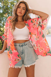 Rosa Kimono mit Blumenmuster und Rüschen, 3/4-Ärmel, lockere Passform