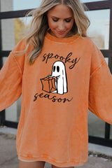 Orangefarbenes geripptes Pullover-Sweatshirt mit Geister-Print „Spooky Season“