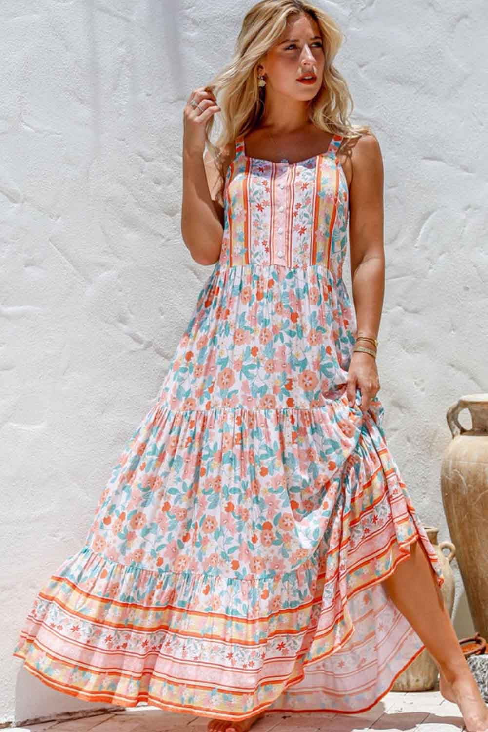 Orange Boho Floral Print Sleeveless Tiered Maxi Dress