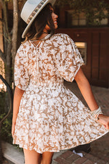 Pink Floral Print Smocked High Waist Deep V Neck Mini Dress