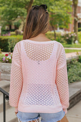 Rosafarbener, lockerer Pointelle-Strickpullover mit Rippenmuster und V-Ausschnitt