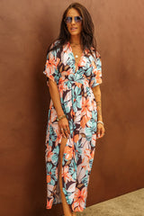 Orange Floral Kimono Long Dress with Slit