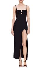 VESTIDO DE PUNTO CON PECHO DE CONCHAS Y ABERTURA ALTA NEGRO