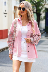 Rosa karierte Patchwork-Shacket mit offenem Saum