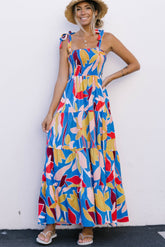 Orange Boho Print Tie Straps Smocked Maxi Dress