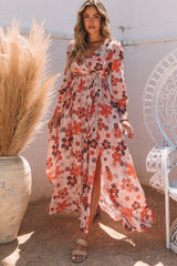 Orange Floral V-Neck Long Sleeve Belted Maxi Dress
