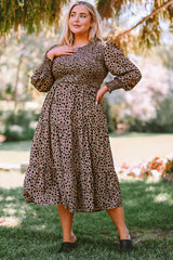 Pink Plus Size Leopard Print Smocked Tiered Dress