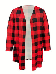 Plus Size Casual Coat, Women's Plus Gingham Print Long Sleeve Open Front Cardigan