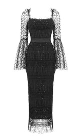 VESTIDO MIDI DE ENCAJE SIN ESPALDA EN NEGRO