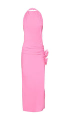 MIDIKLEID AUS STRETCH-JERSEY MIT DRAPIERTEM NECKHOLDER UND APPLIKATION