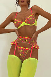 Rosa durchsichtiges Dessous-Set mit Valentinstagsherz-Stickerei