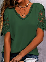 Plus Size Elegant T-shirt, Women's Plus Solid Contrast Lace Panel Short Sleeve V Neck T-shirt