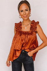 Orangefarbenes Satin-Tanktop mit Rüschen und breiten Trägern und Leopardenmuster