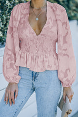 Rosa florales, strukturiertes Oberteil mit Puffärmeln, gesmokten Taillenbund und Schößchen