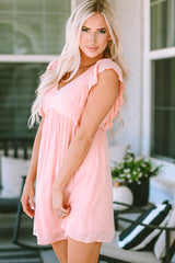 Pink Ruffle Short Sleeves V Neck Pocket Mini Dress