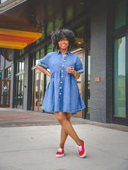 Rolled Sleeve Single-Breasted Lapel Button Causal Denim Mini Dress