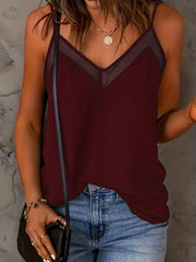 Lässiges Cami-Top in Übergröße, einfarbiges, kontrastierendes Mesh-Top mit V-Ausschnitt und halbtransparentem Cami-Top für Damen in Übergröße