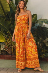 Orangefarbener ärmelloser Jumpsuit mit weitem Bein und Blumenmuster