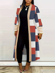 Plus Size Colorblock Longline Coat, Women's Plus Slight Stretch Casual Trench Coat