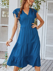 Sexy, einfarbiges, lässiges Midikleid mit V-Ausschnitt und Fliegenärmeln