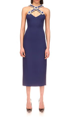 Neckholder-Midikleid mit Kristallen in Tiefseeblau