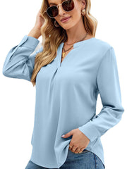 Solid Color Chiffon Loose V-Neck Long Sleeve T-Shirt