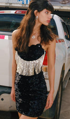 MINIKLEID MIT PAILLETTEN UND FRANSEN IN SCHWARZ