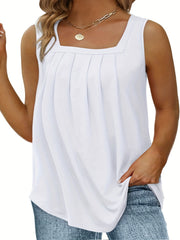 Plus Size Casual Tank Top, Women's Plus Solid Square Neck Slight Stretch Pleated Tank Top