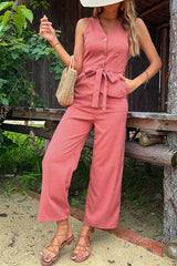 Rosafarbener ärmelloser Jumpsuit mit Knopfleiste, V-Ausschnitt und Gürtel