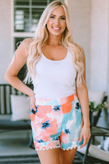 Rosa Shorts mit abstraktem Wassermarmor-Print und Spitzenbesatz