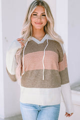 Rosafarbener Strickpullover mit Kapuze und Kordelzug im Farbblockdesign