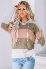 Rosafarbener Strickpullover mit Kapuze und Kordelzug im Farbblockdesign