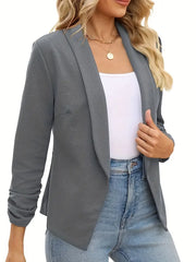 Ruched Solid Color Open-Front Buttonless Placket Casual Blazer