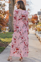 Pink Wrapped V Neck Floral Long Sleeve Empire Maxi Dress
