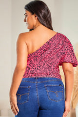 Pink Plus Slant One Shoulder Leopard Tie Drape Blouse