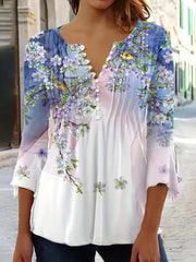 Camiseta informal de talla grande para mujer, con estampado floral, mangas acampanadas, cuello redondo, ligeramente elástica y fruncida, estilo henley.