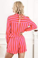 Orange gestreiftes Set mit Kragenhemd und Shorts