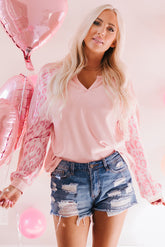 Rosafarbenes, langärmliges Oberteil mit Waffelmuster und Leopardenmuster