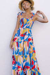 Orange Boho Print Tie Straps Smocked Maxi Dress