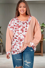 Top de manga larga con bloques de color y lunares de vaca rosa en talla grande
