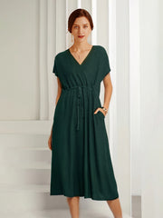 V-Neck Solid Color Waist Knitted Loose Casual Midi Dress