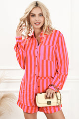 Orange gestreiftes Set mit Kragenhemd und Shorts