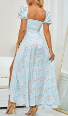 VINTAGE MIDIKLEID MIT BLUMENMUSTER UND PUFFÄRMELN IN BLAU