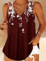 Plus Size Casual Top, Women's Plus Floral Print V Neck Slight Stretch Tank Top