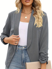 Ruched Solid Color Open-Front Buttonless Placket Casual Blazer