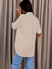 Einfache Bluse in Übergröße, Damenbluse in Übergröße, einfarbig, hochkrempelbare Ärmel, Reverskragen, leicht dehnbar