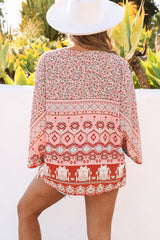 Rosa Kimono mit Blumenmuster und Aztekenmuster, 3/4-Ärmel, offener Vorderseite