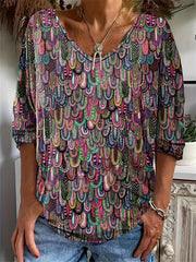 Top bohemio de talla grande para mujer, estampado paisley completo, media manga, cuello en V, ligeramente elástico